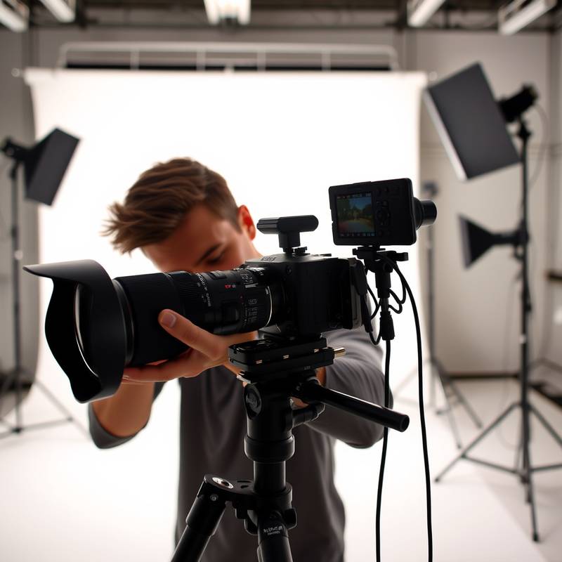 A photographer adjusting settings on their camera in a brightly lit studio, demonstrating studio lighting techniques