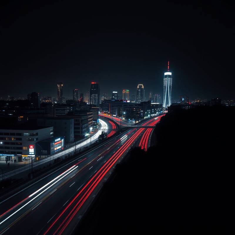City skyline at night with car light trails, illustrating long exposure photography