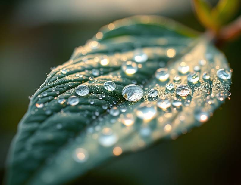Close-up shot of a dew-covered leaf, illustrating macro photography techniques
