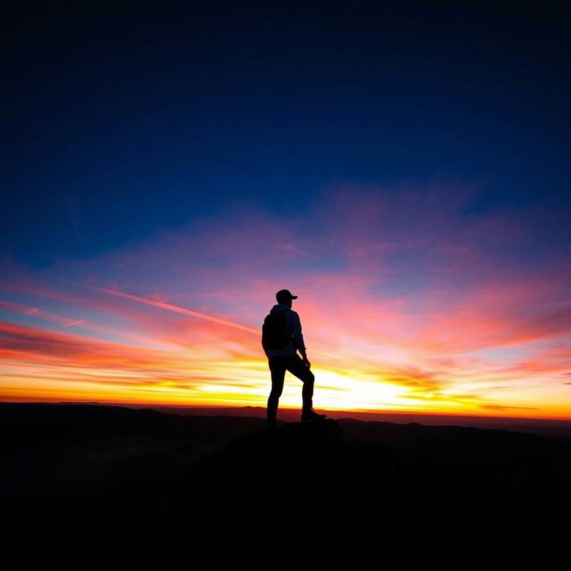 Silhouette of a person standing on a mountaintop during sunset, showcasing dynamic range in photography
